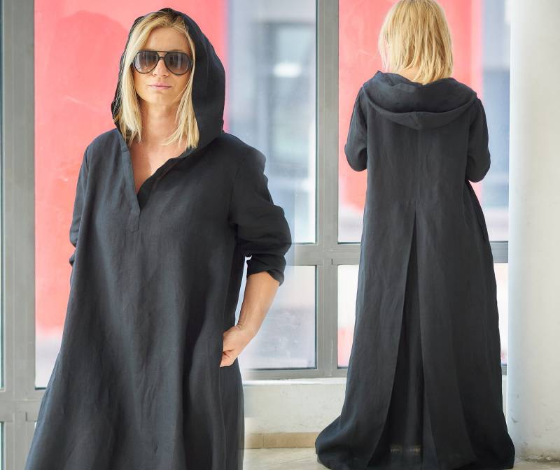 Leinen Maxi Kleid, Schwarzes Langes Kleidung, Kleid in Übergröße, Gothic Kaftan von VisibleArt