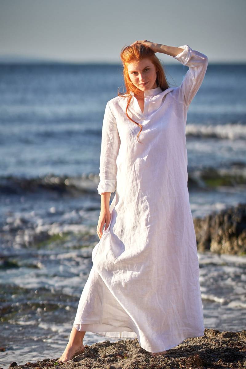 Leinen Maxikleid, Weißes Leinenkleid, Leinenhemdkleid, Plus Size Bescheidenes Kleid, Leinenkleidung Frauen, Langarmleinenkleid von VisibleArt