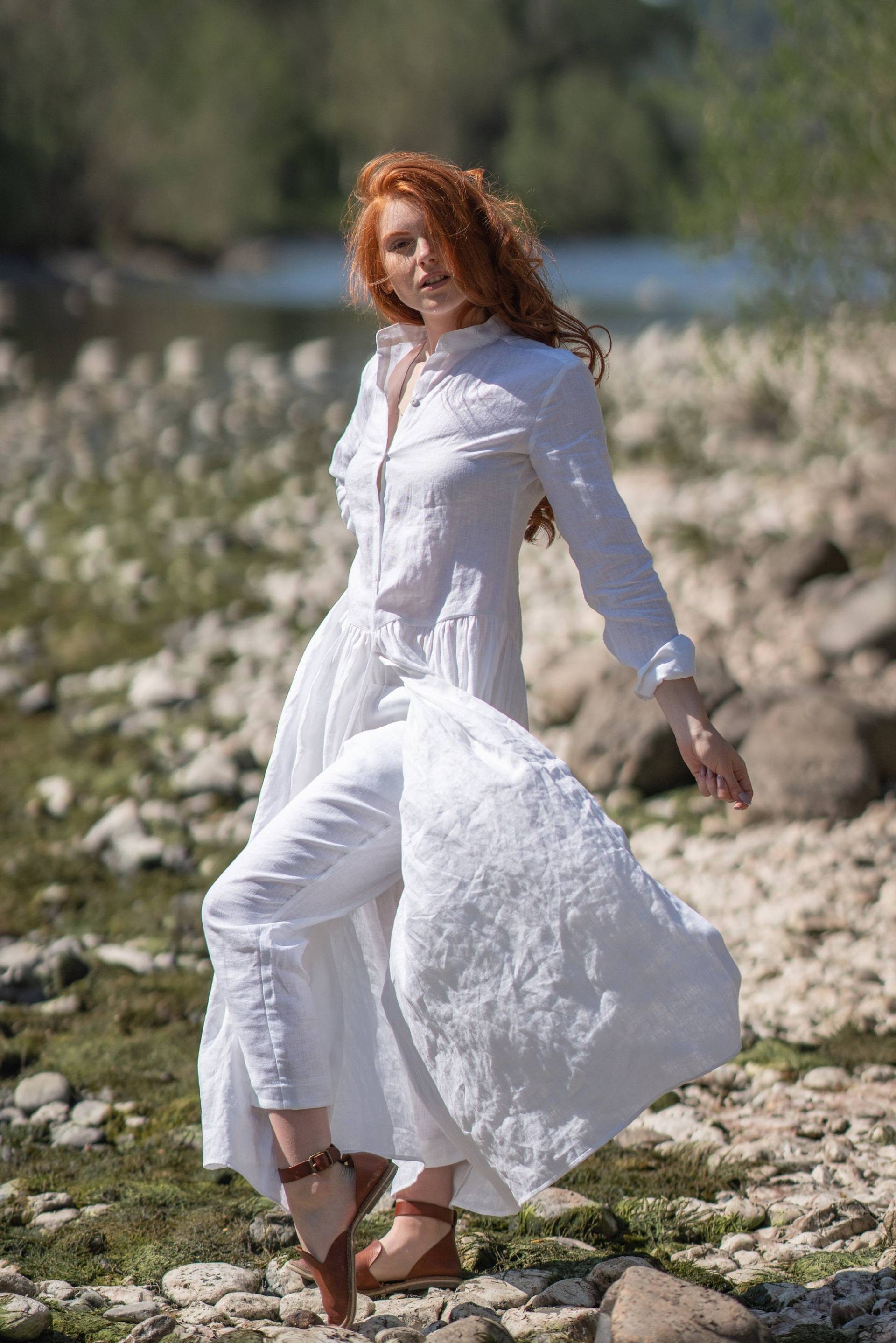 Leinen Maxi Tunika Kleid, Weißes Leinenhemd Shirt, Plus Größe Boho Sommer Leinenhemd, Leinenkleidung Für Frauen von VisibleArt