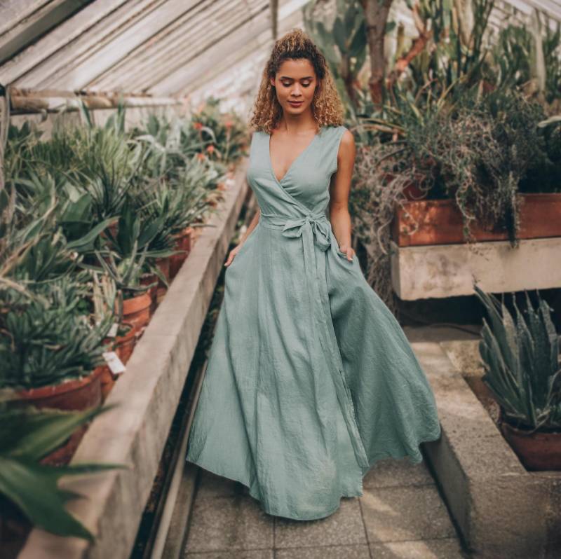 Leinen Maxi Wickelkleid Mit Taschen Sommer Boho Kleidung, Brautjungfer Kleid von VisibleArt