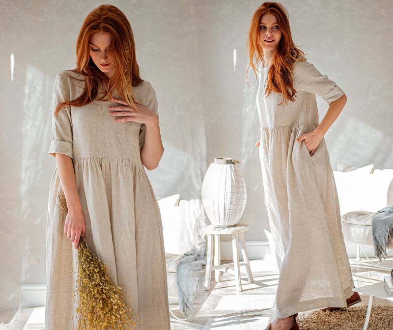 Leinen Maxikleid, Leinenkleid Für Frauen, Mit Taschen, Natürliches Leinenkleid, Boho Kaftan, Bescheidenes Maxikleid von VisibleArt