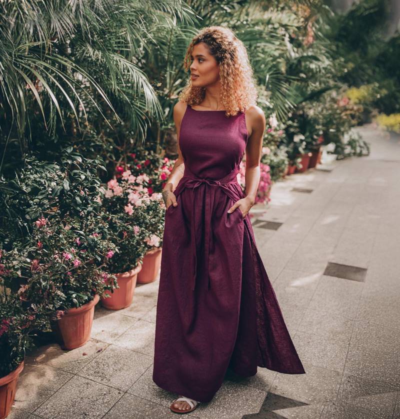 Lila Leinen Maxikleid Doppelwickel, Taschen, Elegante Kleidung von VisibleArt