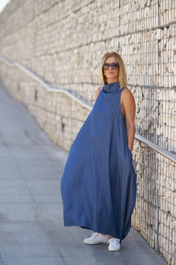 Sommer Maxi Kleid, Plus Größe Frauen Kaftan Blaues Langes Oversize Baumwolle Bubble Kleidung Damen in Übergröße von VisibleArt