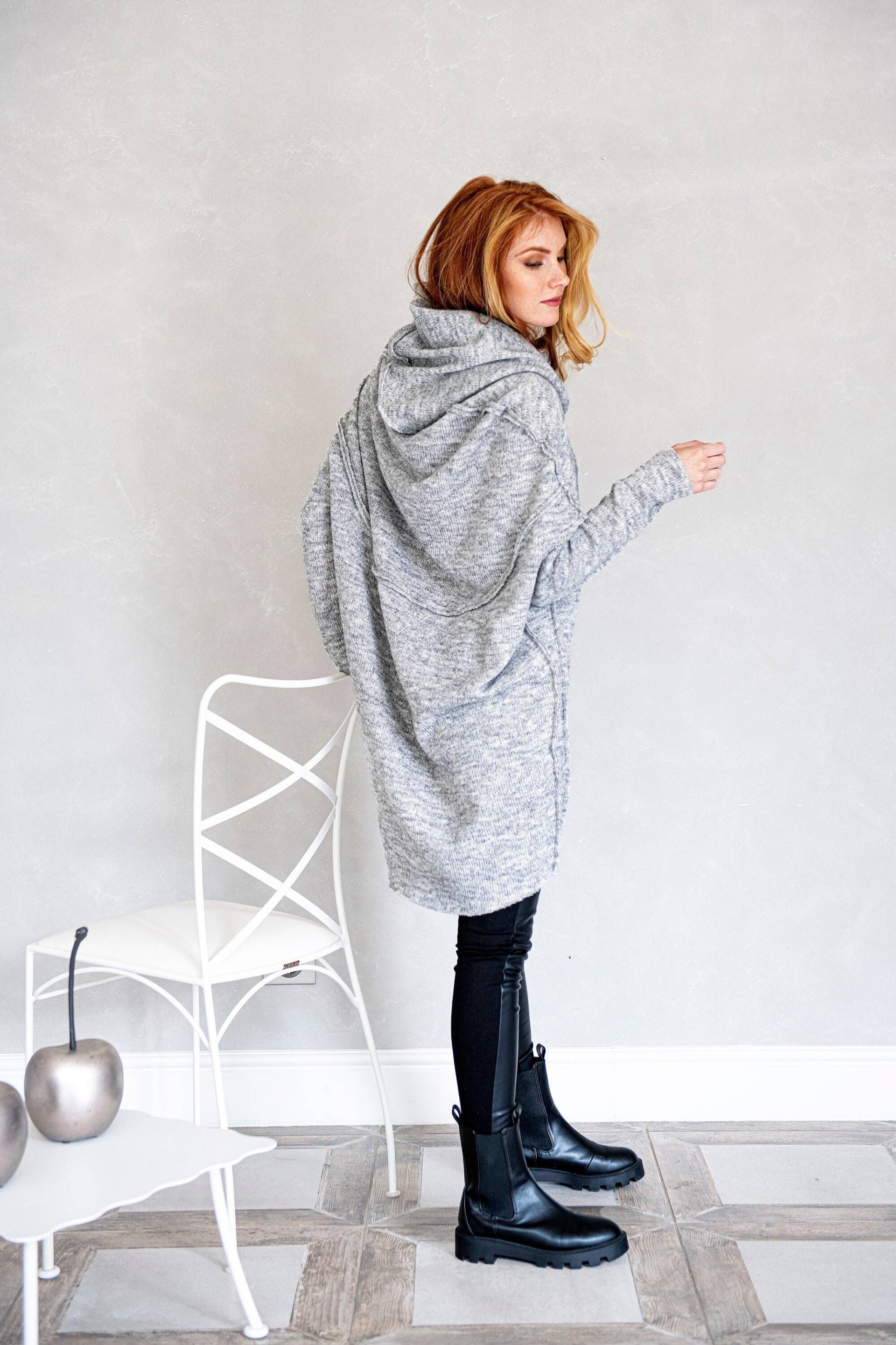 strick Sweatshirt Tunika, Maxi Pullover Frauen, Mit Kapuze Grobstrick Pullover, Übergroße Winter Sweatshirt, Plus Größe Lose Kabel Tunika von VisibleArt