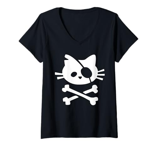 Damen Piratenkatze Piratenflagge Süße Katze T-Shirt mit V-Ausschnitt Damen Piratenkatze Piratenflagge Süße Katze T-Shirt mit V-Ausschnitt von Vision Art