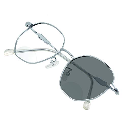 VisionGlobal Bifokal-Lesebrillen, selbsttönende dunkelbraune/graue Sonnenbrille für Herren/Damen, klassische Retro-Square-Brille reduziert Ermüdung (Silber, Vergrößerung 0,00/+2,50) von VisionGlobal