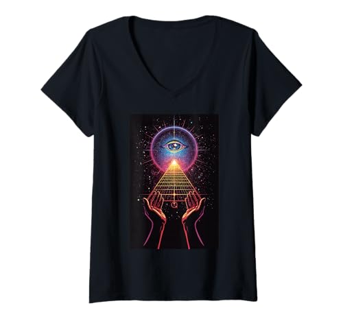 Damen Mystic Heaven Visionary World Mystical Fantasy Geometrie T-Shirt mit V-Ausschnitt von Visionary Cosmic World Eye Esoteric Knowledge