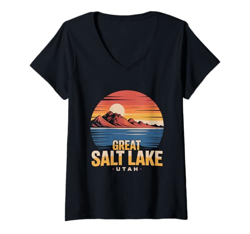 Damen Der Große Salzsee, Utah, für Touristen, Vintage-Retro-Sonnenuntergang T-Shirt mit V-Ausschnitt Damen Der Große Salzsee, Utah, für Touristen, Vintage-Retro-Sonnenuntergang T-Shirt mit V-Ausschnitt von Visit Utah's Great Salt Lake