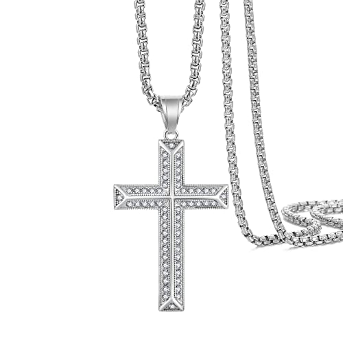 Viskyna Halskette mit Kreuz-Anhänger aus Edelstahl für Herren, mit 61 cm langer Kette, Edelstahl, Zirkonia von Viskyna