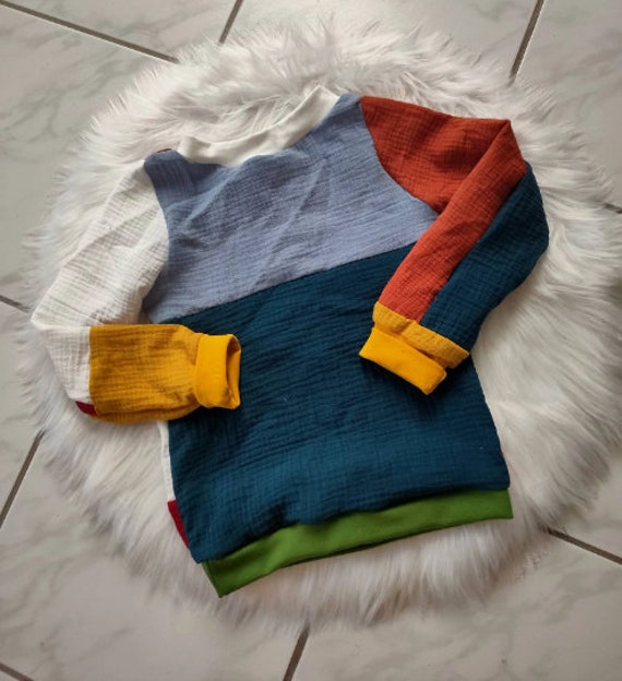 Visuell Design Good Vibes - Patchwork Musselin Musselinshirt Langarmshirt Uni Baumwolle Ökotex 86 92 98 104 110 116 122 128 134 140 von VisuellDesign