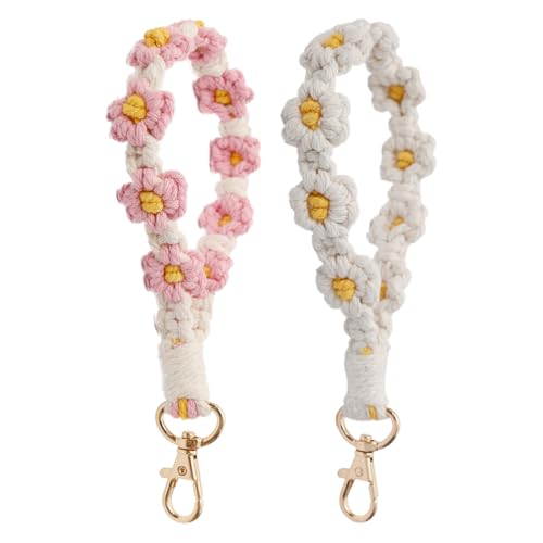 Visxcnu 2 Stücke Gänseblümchen Makramee Schlüsselanhänger für Damen Schlüsselband Kurz Boho Aesthetic Armband Key chain Cute Taschenanhänger Andgefertigt für Frauen, Handys Und GeldböRsen-Mädchen von Visxcnu