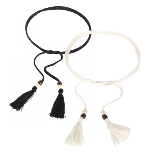 Visxcnu 2pcs Damen Taillengürtel, Kleidgürtel Gewebte Quaste Gürtel，Gewebte Quasten Kettengürtel, mit Kleidern T-Shirts Langen Hemden Anzügen (schwarz+beige) von Visxcnu