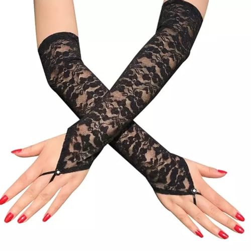 Visxcnu Damen Fingerlose Spitze Handschuhe - Lange Netz Schnürhandschuhe für Frauen, Ellenbogen Lang Mit Spitze für Hochzeitsfeier von Visxcnu