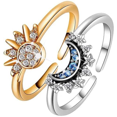 Visxcnu Sonne Mond Ring Gold Silber Set Verstellbar Damen Ringe Silber 925 Matching Rings Freundschaftsringe Sonne Mond Ring Schmuck Dupes Ringe für Paar von Visxcnu