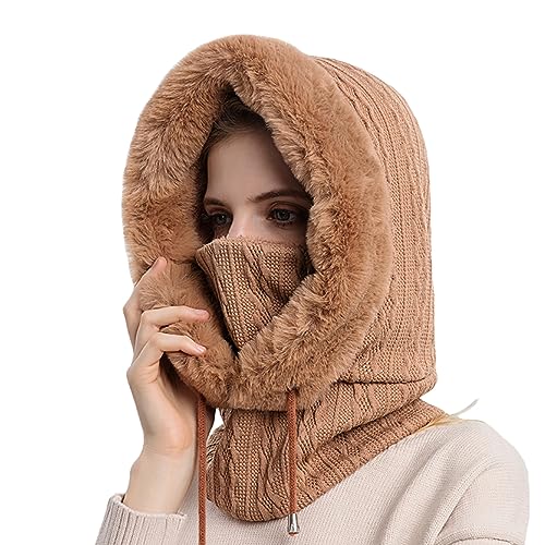 Visyaa Damen 3 in 1 Wintermütze Strickmütze Balaclava Schlupfmütze Sturmhaube Plüsch Mütze Schlupfmütze Outdoor Radfahren Mützen Skimütze Schal von Visyaa