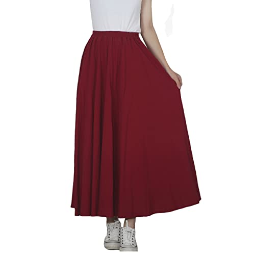 Visyaa Damen Langer Maxi Sommer Leinenrock Solid Farbe Elastic Waistband A Linien Hoch Taille Midi Rock von Visyaa