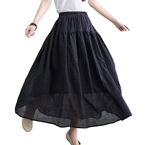 Visyaa Frauen Reine Farbe Gefaltete Leinen Rock Maxi Lange Rock Vintage Casual Frühling Swing Rock von Visyaa