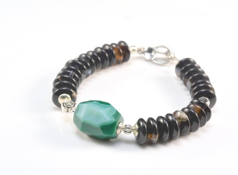 Grüner Achat Nugget Armband - Weißen Streifen Schwarzen Sterling Silberarmband Perlen Schmuck Grünen Und Stein Grüner Achat Nugget Armband - Weißen Streifen Schwarzen Sterling Silberarmband Perlen Schmuck Grünen Und Stein von VitaGems