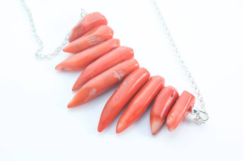 Orange Chilli Bambus Koralle Anhänger Halskette - Hundetritt Form Schmuck Handgefertigter Kettenschmuck Rote Perlen Orange Chilli Bambus Koralle Anhänger Halskette - Hundetritt Form Schmuck Handgefertigter Kettenschmuck Rote Perlen von VitaGems