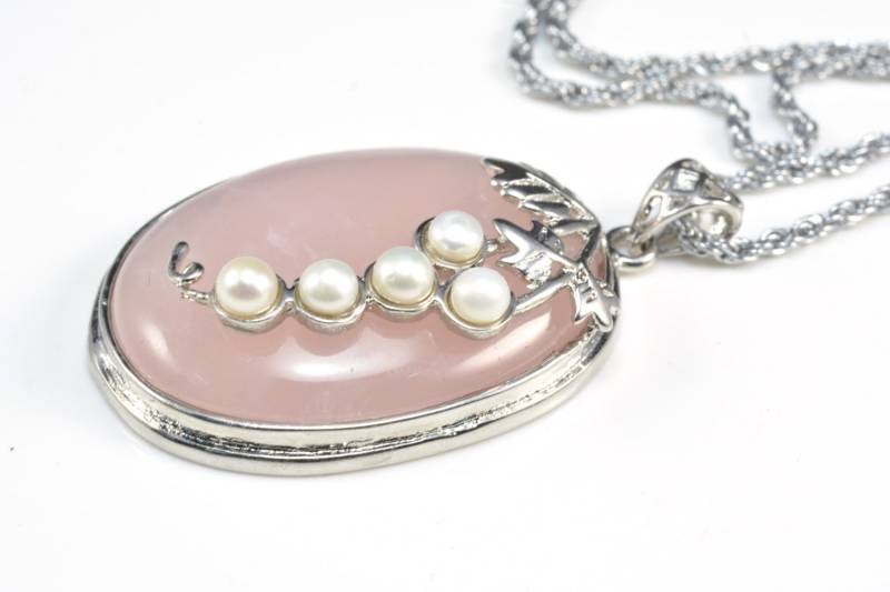 Rose Quarz Halskette - Rosa Edelstein Anhänger Ovale Cabachon Schmuck Süßwasser Perle Kupfer Lünette Set Rose Quarz Halskette - Rosa Edelstein Anhänger Ovale Cabachon Schmuck Süßwasser Perle Kupfer Lünette Set von VitaGems