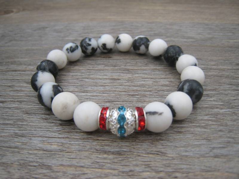 Schwarz Und Weiß Armband, Zebra Jaspis Edelstein Stein Statement Schmuck, Runde Handgemachte Schmuck Für Sie von VitaGems