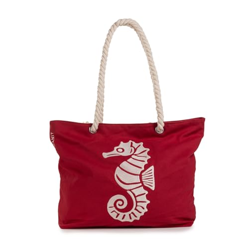 Vitapur Strandtasche Seepferdchen Rot – Geräumiger Beachbag mit Seepferdchen Design, rote Strandbeutel, robuster Roter Seepferdchen Beutel von Vitapur