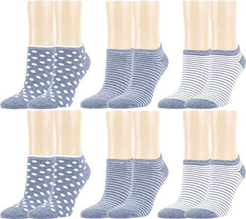 Vitasox Kurze Komfort Baumwoll Sneaker Socken für Damen in verschiedenen Designs, Jeans Design Punkte und Streifen Print, Geringelt, Sommer Sneakersocken ohne Naht, 6 Paar, 35-38 von Vitasox