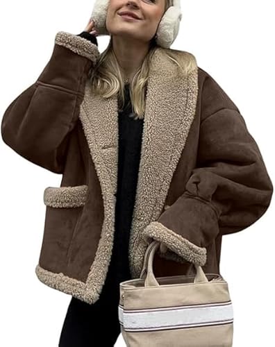 Vitrywei Women's Winter Casual Faux Suede Leather Jacket Button Down Fuzzy Sherpa Lined Jacket Coat,Wool jacket for ladies Overcoat (Coffee, L) von Vitrywei
