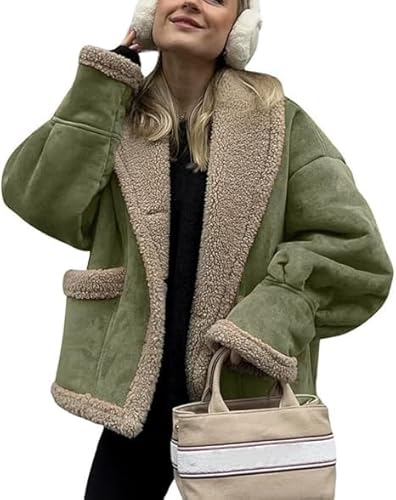 Vitrywei Women's Winter Casual Faux Suede Leather Jacket Button Down Fuzzy Sherpa Lined Jacket Coat,Wool jacket for ladies Overcoat (Green, S) von Vitrywei