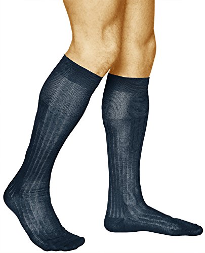 vitsocks Herren 100% mercerisierte Baumwolle Kniestrümpfe (2 PAAR) dünne gerippte Anzug Socken Knie lang, dunkelblau, 44-46 von vitsocks
