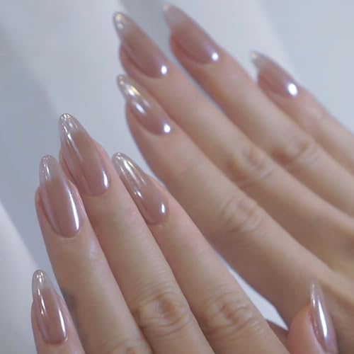 Viugex 24 Stück French Press on Nails Mittel Mandel, Nude Perlglanz Kunstnägel Zum Aufkleben, Glänzende Einfarbig Falsche Nägel Acryl Nägel Zum Aufkleben, Full Cover Künstliche Fingernägel für Frauen von Viugex
