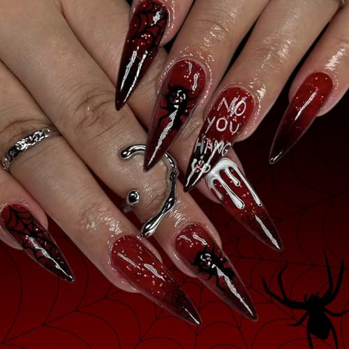 Viugex 24 Stück Halloween Künstliche Nägel Lang Stiletto, Weinrot French Press on Nails mit Spinnennetz Design, Glitzer Farbverlauf Fingernägel Zum Aufkleben, Natürlich Acryl Fake Nails für Frauen von Viugex