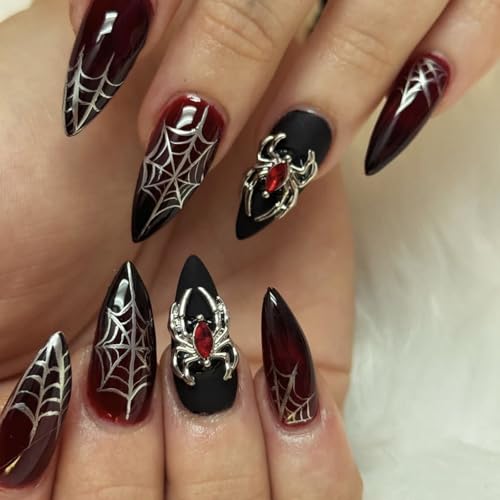 Viugex 24 Stück Halloween Nägel Zum Aufkleben Mittel Mandel, Rot Schwarz Farbverlauf French Künstliche Nägel mit Spinnennetz Design, 3D Spinne Kunstnägel Press on Nails Acryl Falsche Nägel für Frauen von Viugex