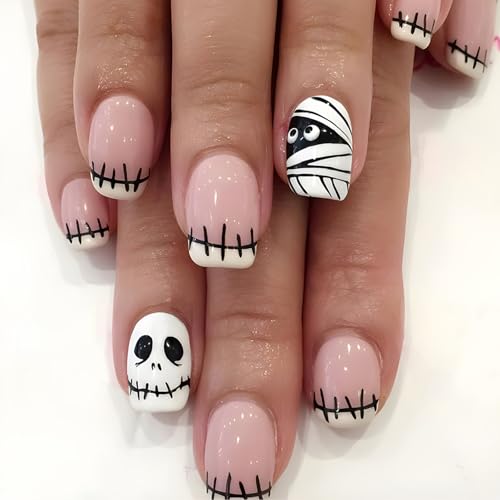 Viugex 24 Stück Halloween Press on Nails Kurz Eckig, Weiß Rosa Nägel Zum Aufkleben, Mumie Totenkopf Künstliche Nägel Acryl Full Cover Falsche Nägel, Natürlich Fingernägel Fake Nails für Frauen Mädchen von Viugex