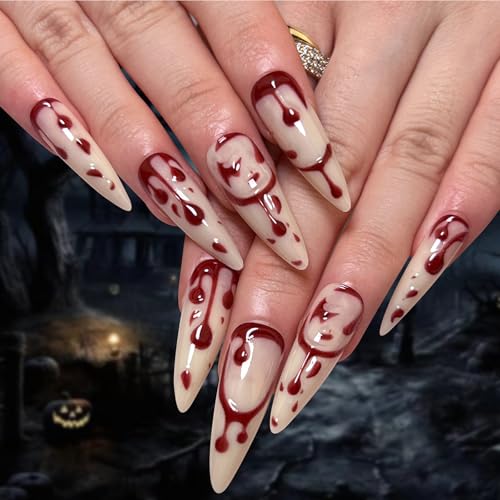 Viugex 24 Stück Halloween Press on Nails Lang Stiletto, Weiß Künstliche Fingernägel 3D Blut Französische Nägel Zum Aufkleben, Full Cover Gothic Kunstnägel Fake Nails, Glänzend Falsche Nägel für Frauen von Viugex