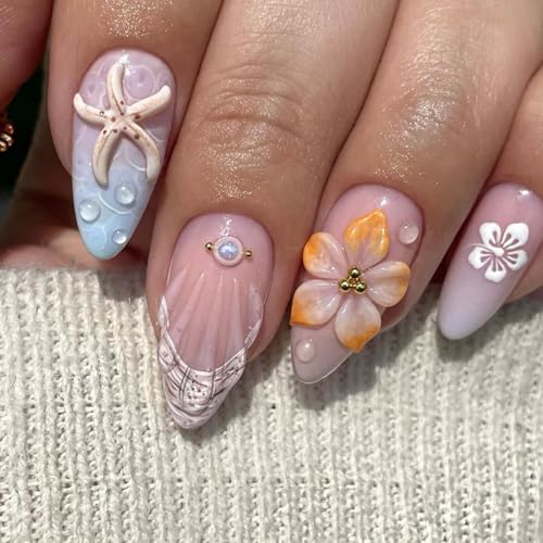 Viugex 24 Stück Nägel Zum Aufkleben, French Press on Nails, Mittel Mandel Künstliche Fingernägel, Full Cover Fake Nails mit 3D Seestern Blumen Design, Acryl Falsche Nägel für Mädchen Nagelkunst DIY von Viugex