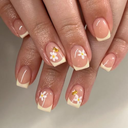 Viugex 24 Stück Press on Nails Kurz Eckig, Gelb French Künstliche Nägel Natürlich Französische Nägel Zum Aufkleben mit Biene Blume Design, Glänzend Acrylnägel Fake Nails für Frauen Mädchen Maniküre von Viugex