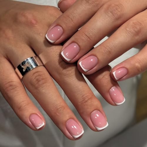 Viugex 24 Stück Press on Nails Kurz Eckig, Nude Rosa Acryl Kunstnägel Zum Aufkleben, Weiß Französische Künstliche Fingernägel mit Nagelkleber Aufkleber, Wiederverwendbar Glänzend Fake Nails für Frauen von Viugex