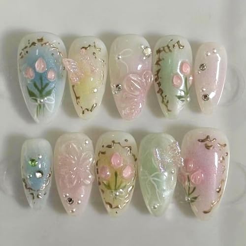 Viugex 24 Stück Press on Nails Mandel Mittel, Frühling Sommer Blumen Nägel zum Aufkleben Acryl Kunstnägel Fake Nails, 3D Handgefertigte Schmetterlings Strass Künstliche Fingernägel für Frauen Mädchen von Viugex
