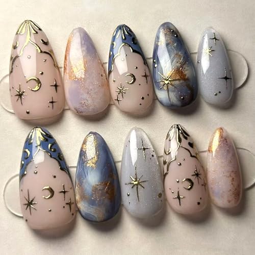 Viugex 24 Stück Press on Nails Mandel Mittel, Nägel zum Aufkleben Natürlich Gradient Fake Nails, Glänzend Kunstnägel zum Aufkleben mit 3D Stern Mond Design,Full Cover Künstliche Fingernägel für Frauen von Viugex