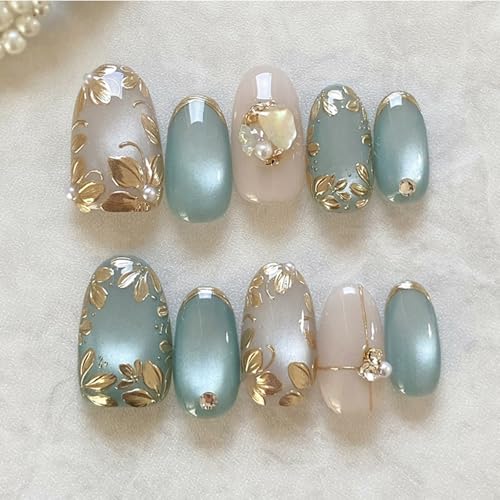 Viugex 24 Stück Press on Nails Mittel Mandel, Acryl Nägel zum Aufkleben mit 3D Blumen Perlen Strass Design, Katzenauge Glitzer Künstliche Nägel, Handgefertigt Fingernägel zum Aufkleben für Frauen von Viugex