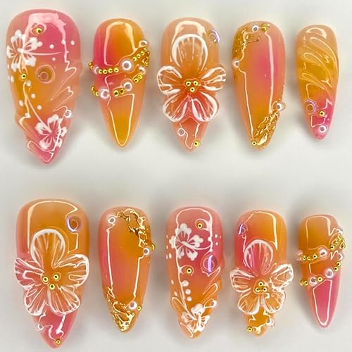 Viugex 24 Stück Press on Nails Mittel Mandel, Rosa Gelb Blumen Nägel zum Aufkleben, Acryl Fingernägel Künstliche Nägel mit Perlen Design, 3D Handgefertigte French Kunstnägel zum Aufkleben für Frauen von Viugex