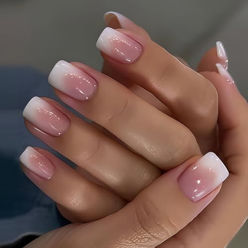 Viugex 24PCS Press on Nails Kurz Quadratische, Pink Weiß Gradient Nägel Zum Aufkleben, Soft Gel Kunstnägel Fake Nails, Natürliche Wiederverwendbare Künstliche Nägel für Frauen Mädchen Zuhause Maniküre von Viugex