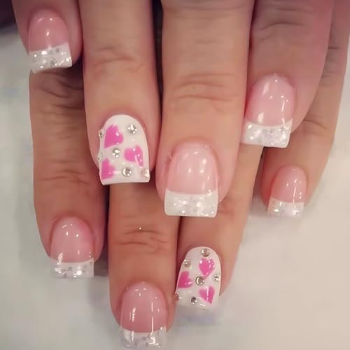 Viugex 24Pcs French Nägel Zum Aufkleben Kurz Eckig, Elegante Press on Nails mit Liebe Strass Design, Natürliche Acryl Künstliche Nägel, Ballerina Glänzend Falsche Nägel für Frauen Mädchen DIY Maniküre von Viugex