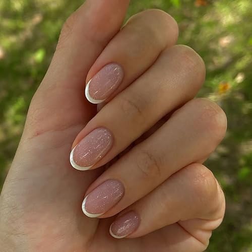 Viugex 24Pcs Nägel Zum Aufkleben Mandel, Kurze Weiß French Press on Nails Glänzend Pink Kunstnägel Zum Aufkleben,Wiederverwendbare Acryl Künstliche Fingernägel,Full Cover Fake Nails für Frauen Mädchen von Viugex