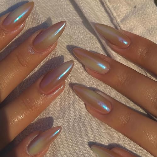 Viugex 24Pcs Nägel Zum Aufkleben Mandel, Mittel Bunte Aurora Press on Nails Glänzend Kunstnägel Zum Aufkleben, Wiederverwendbare Acryl Künstliche Fingernägel, Full Cover Fake Nails für Frauen Mädchen von Viugex