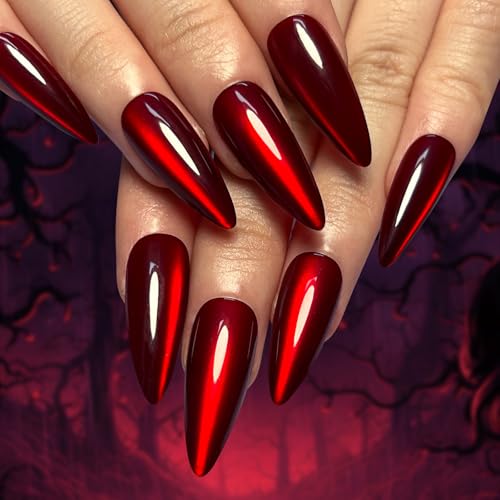 Viugex 30Pcs Nägel Zum Aufkleben Mandel Mittel, Rote Katzenauge Glitzer French Press on Nails Acryl Full Cover Künstliche Fingernägel zum Aufkleben, Wiederverwendbare Fake Nails für Frauen Mädchen von Viugex