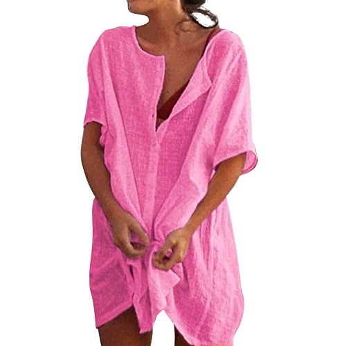 Damen Strandkleid Bikini Cover Up mit Rund Ausschnitt Knopfleiste Kurzarm Beach Strandponcho Pareos Sommerkleid Weiß Locker Bademode Strandtunika Vertuschen Shirt für Urlaub @1 von Viunychn