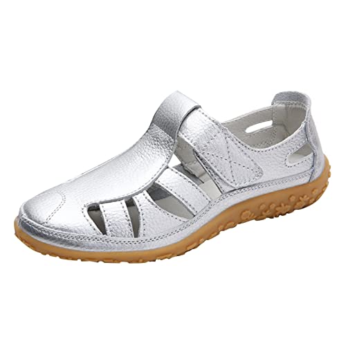 Flache Schuhe Für Damen Leder Geschlossene Sandalen Lässige Sandaletten Atmungsaktiv Elegante Freizeitsandalen Orthopädische Klettverschluss mit Weiche Fussbett Outdoor von Viunychn