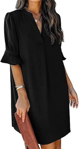 Frauen V-Ausschnitt Halbarm Hemdkleid Elegant Sommer Casual Einfarbig Kurzes Kleid Midikleid Freizeitkleider Mode Dress @1 von Viunychn